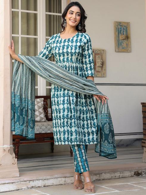 Teal Blue Pure Cotton Abstract A-line Kurta Set